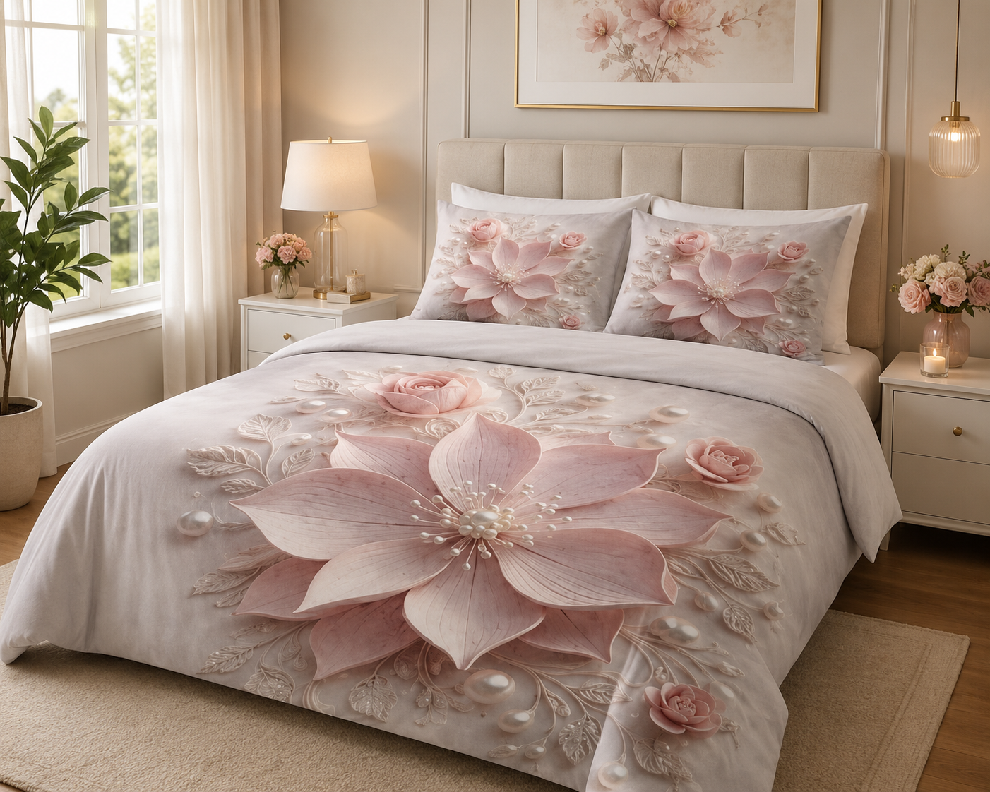 Luxury Blush Floral 11D Printed Double Bedsheet