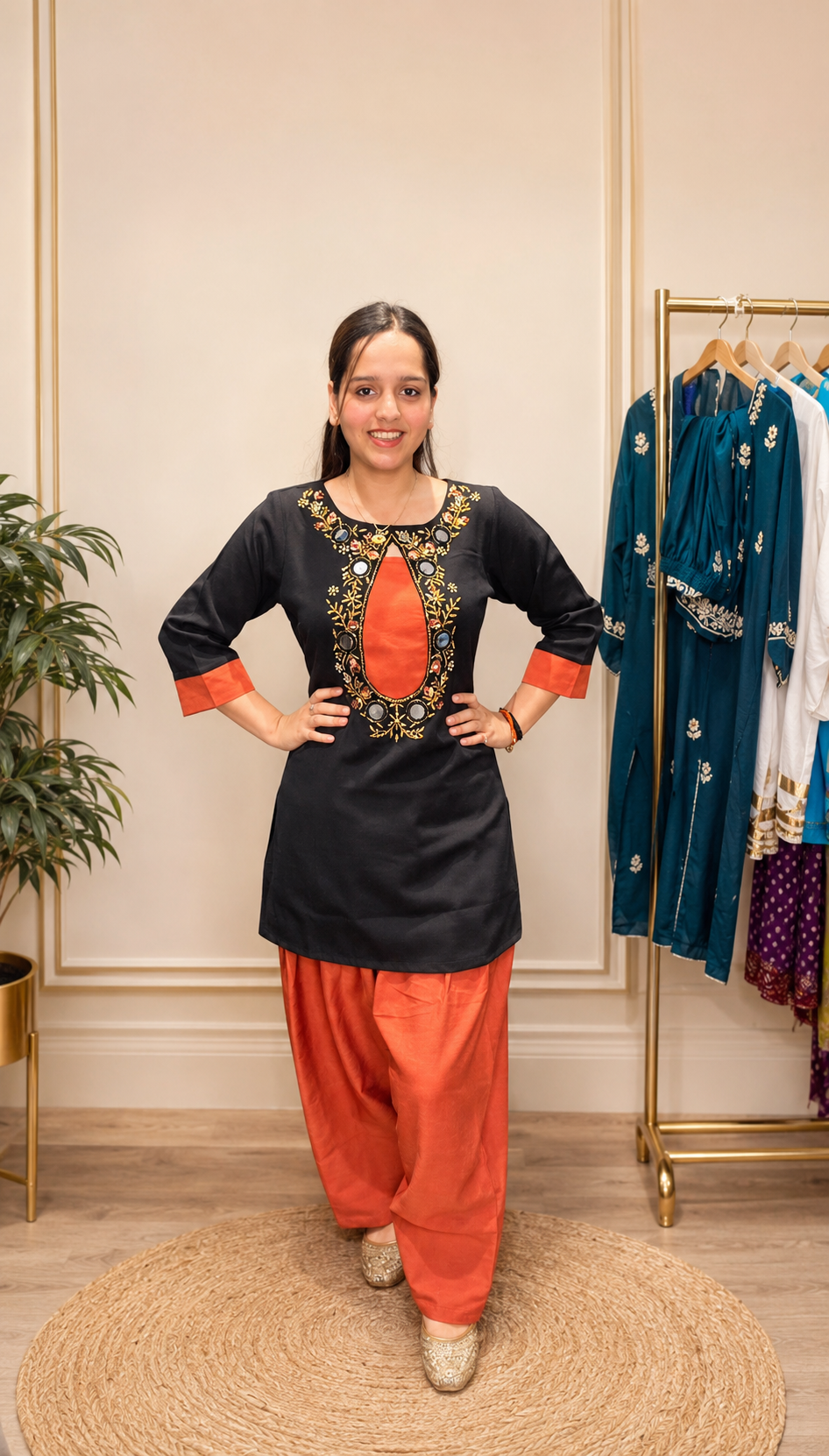 Elegant Black Embroidered Banana Crepe Kurti with Farshi Pants Set