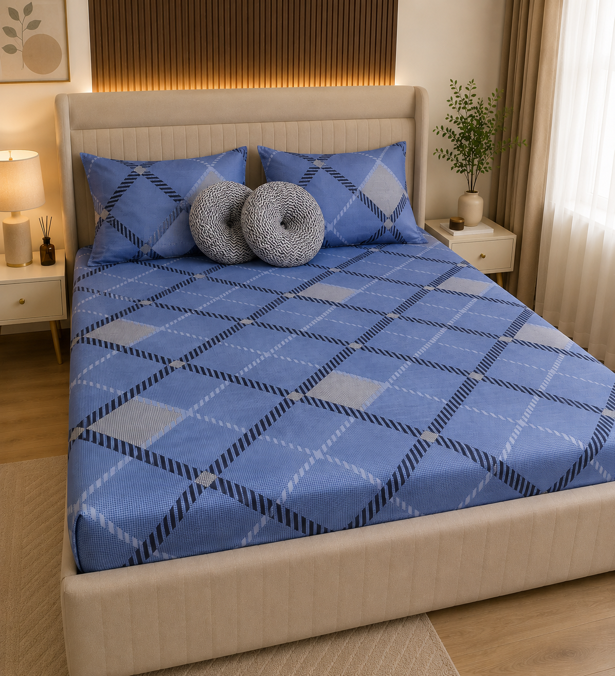 Premium 5 Piece Double Bed Bedding Set – Geometric Printed Bedsheet with Cushion Covers