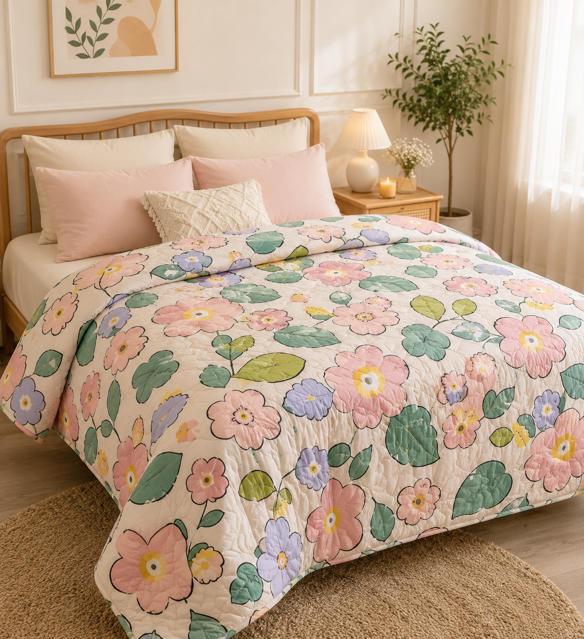 Luxury Double Bed Floral Comforter – Ultra Soft All Season Reversible Quilt