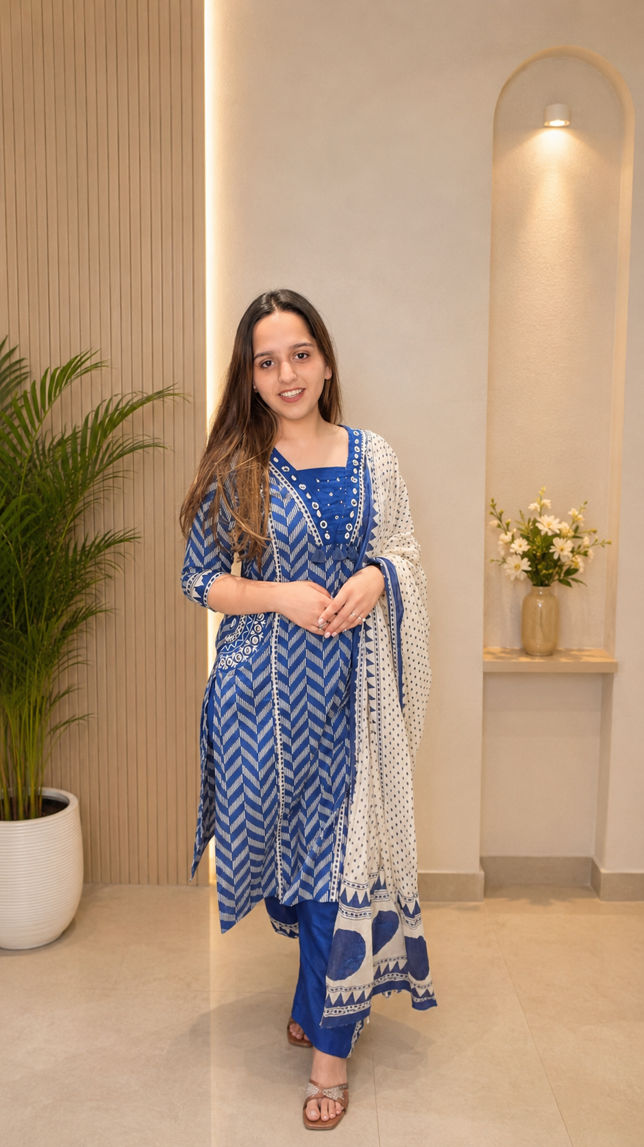 Royal Blue Printed Cotton 3-Piece Suit Set with Dupatta