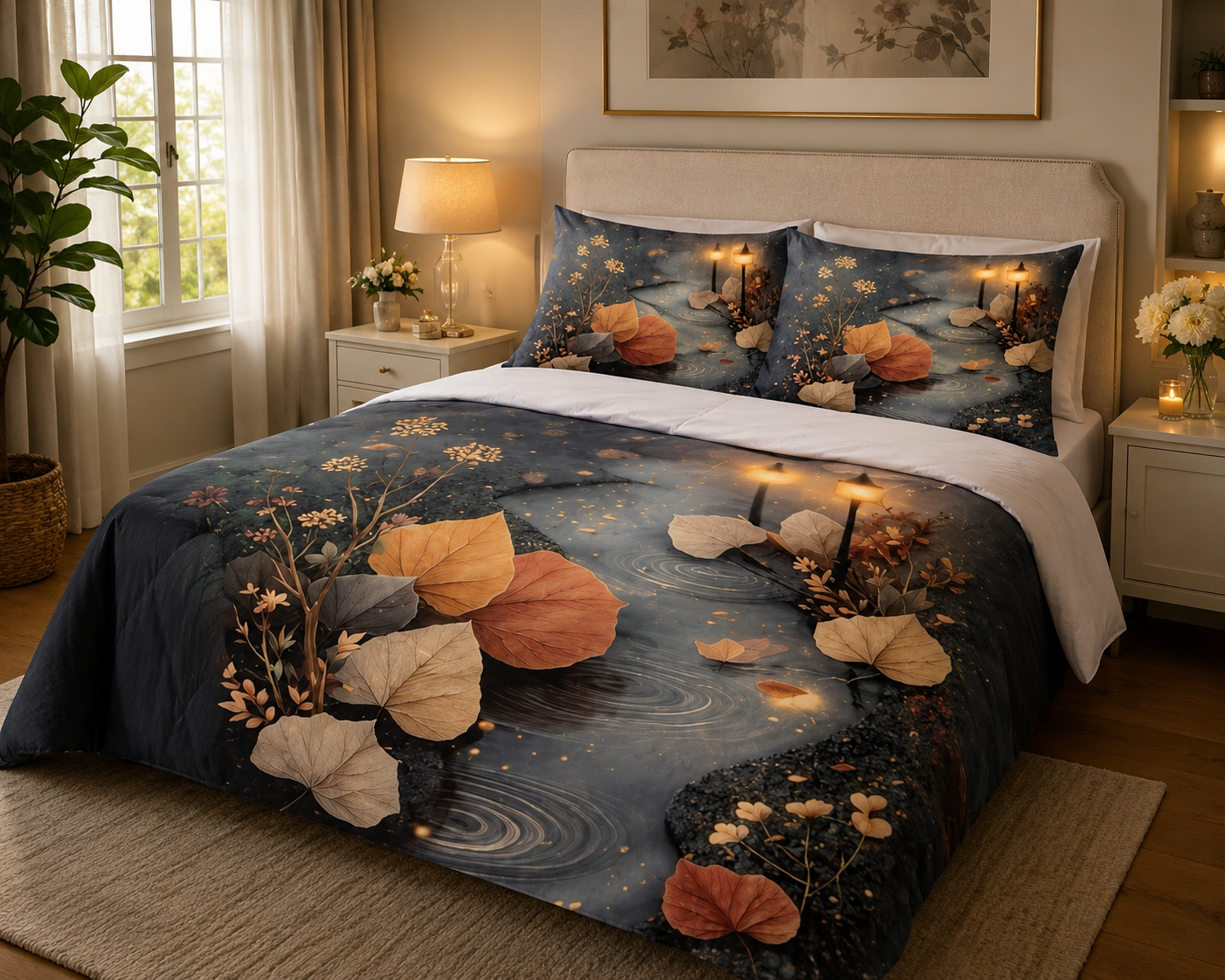 Luxury 11D Printed Autumn Leaf Double Bedsheet