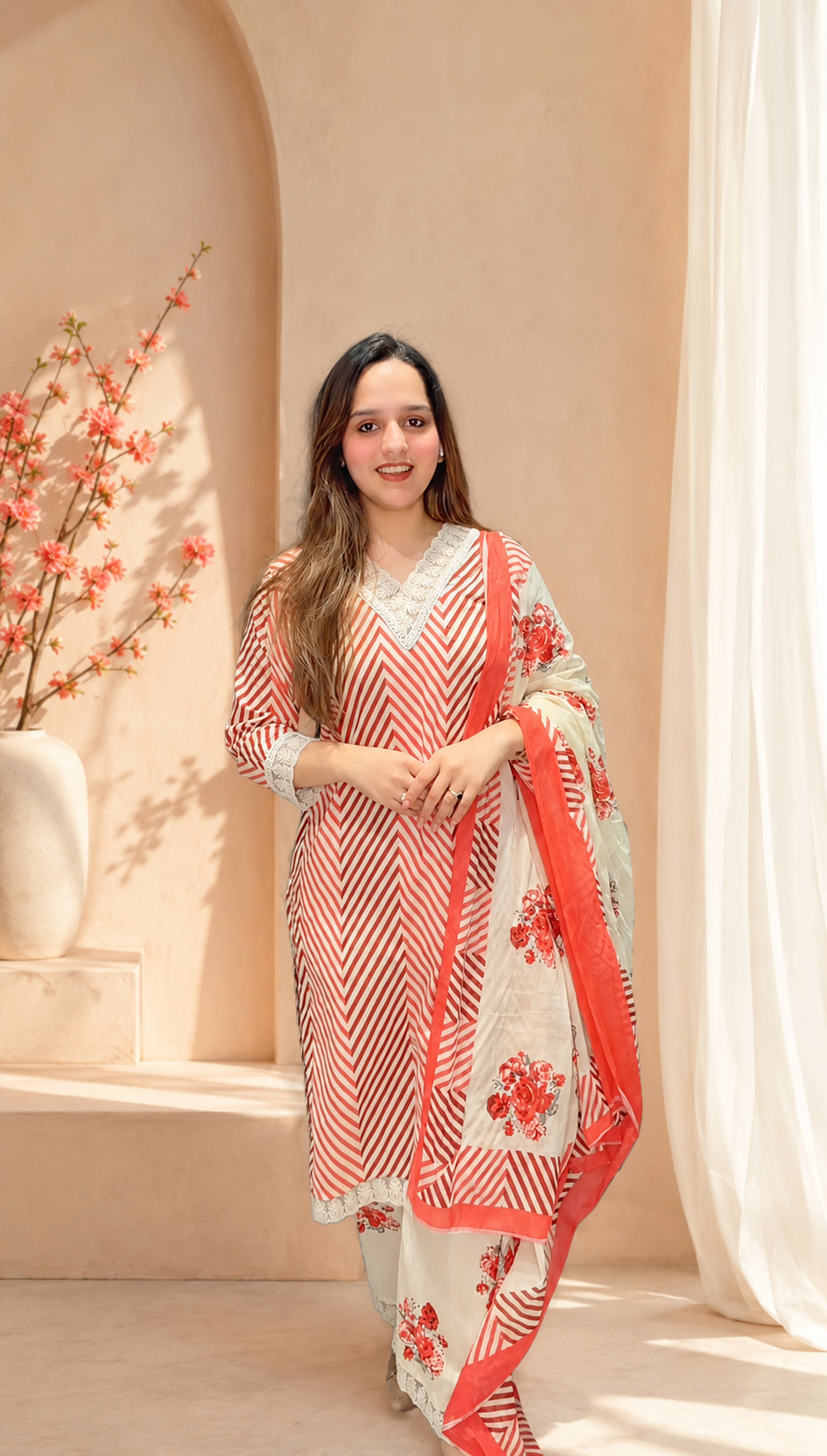 Coral Chevron Pure Cotton Suit Set with Floral Dupatta
