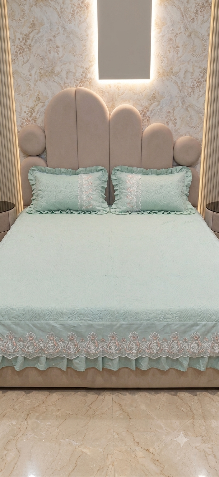 Royal Embossed Quilted Bedspread Set with Layered Frills & Lace Trim