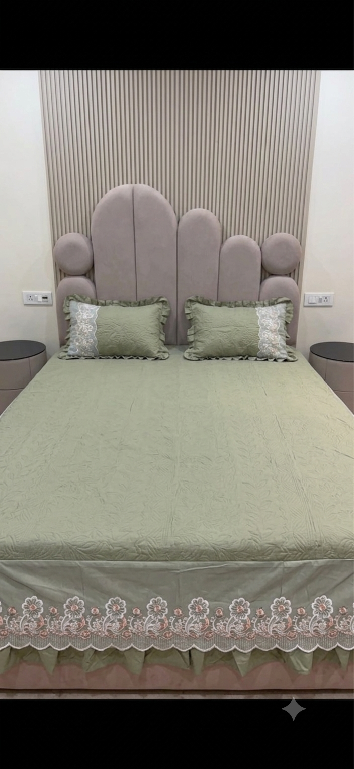 Royal Embossed Quilted Bedspread Set with Layered Frills & Lace Trim