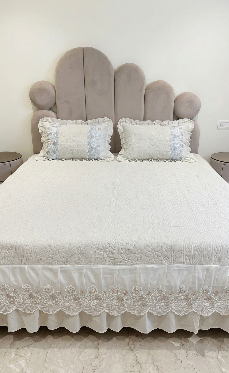 Royal Embossed Quilted Bedspread Set with Layered Frills & Lace Trim
