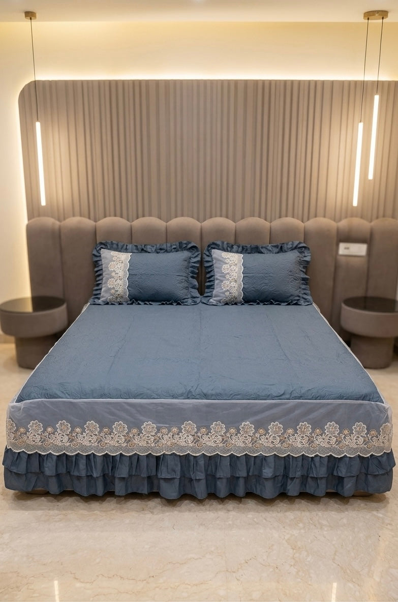 Royal Embossed Quilted Bedspread Set with Layered Frills & Lace Trim