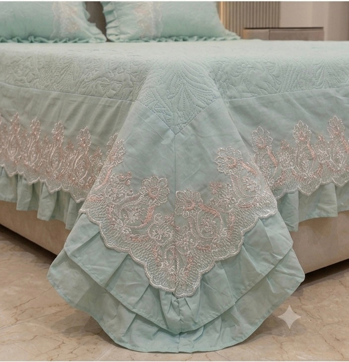 Royal Embossed Quilted Bedspread Set with Layered Frills & Lace Trim