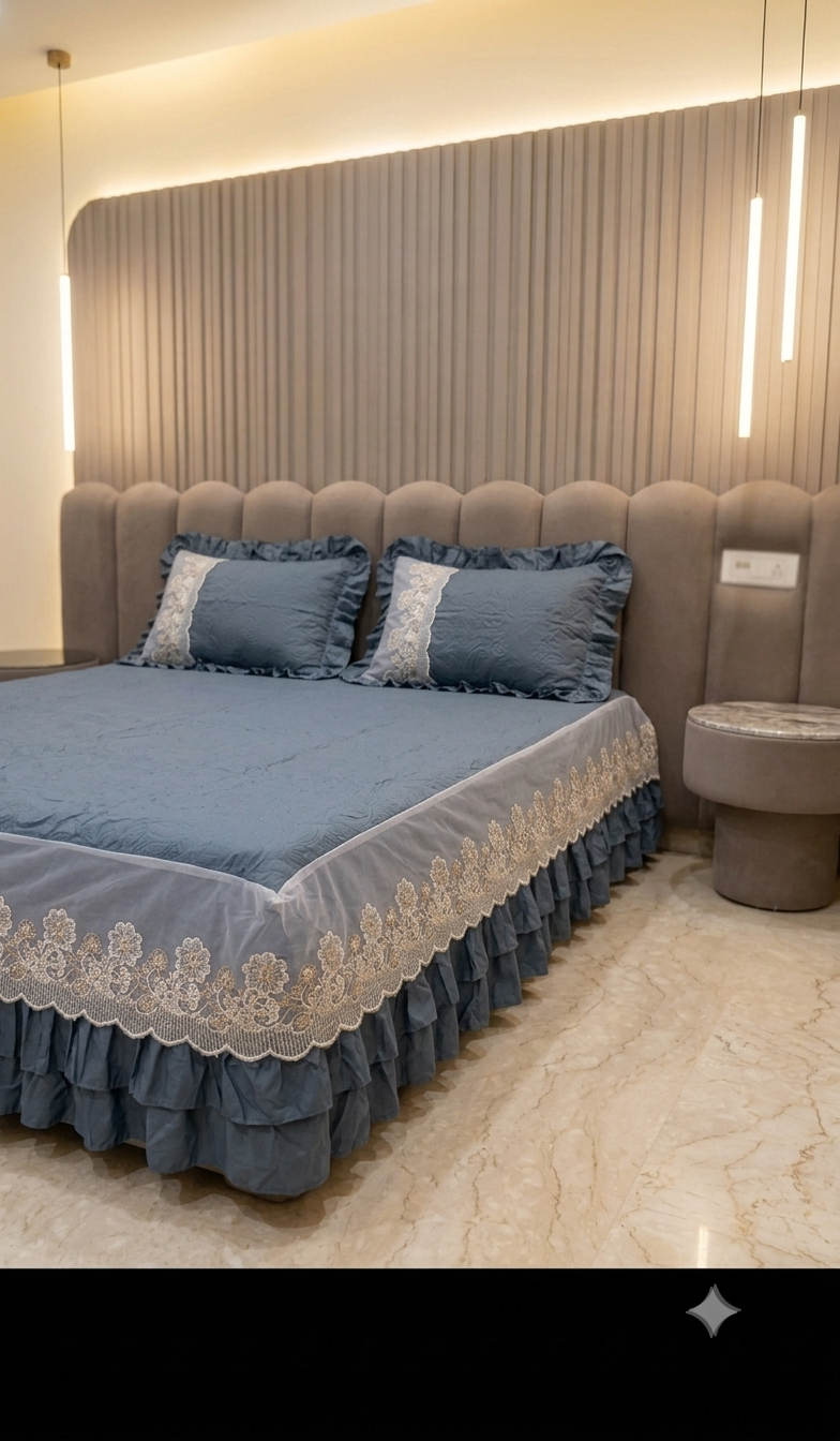 Royal Embossed Quilted Bedspread Set with Layered Frills & Lace Trim