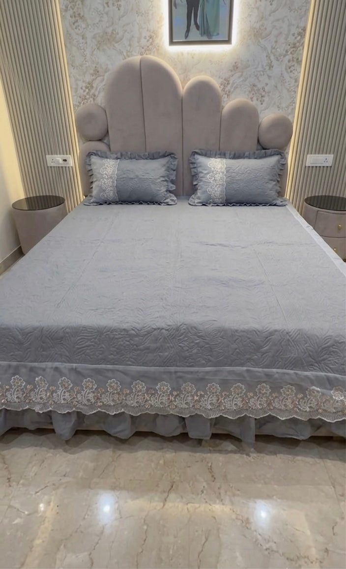 Royal Embossed Quilted Bedspread Set with Layered Frills & Lace Trim