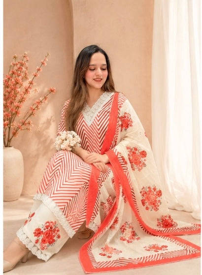 Coral Chevron Pure Cotton Suit Set with Floral Dupatta