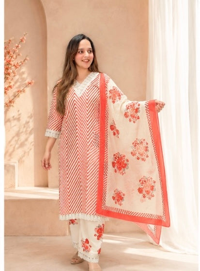 Coral Chevron Pure Cotton Suit Set with Floral Dupatta